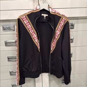 Maje Black and Tan Bomber Jacket with red Accents